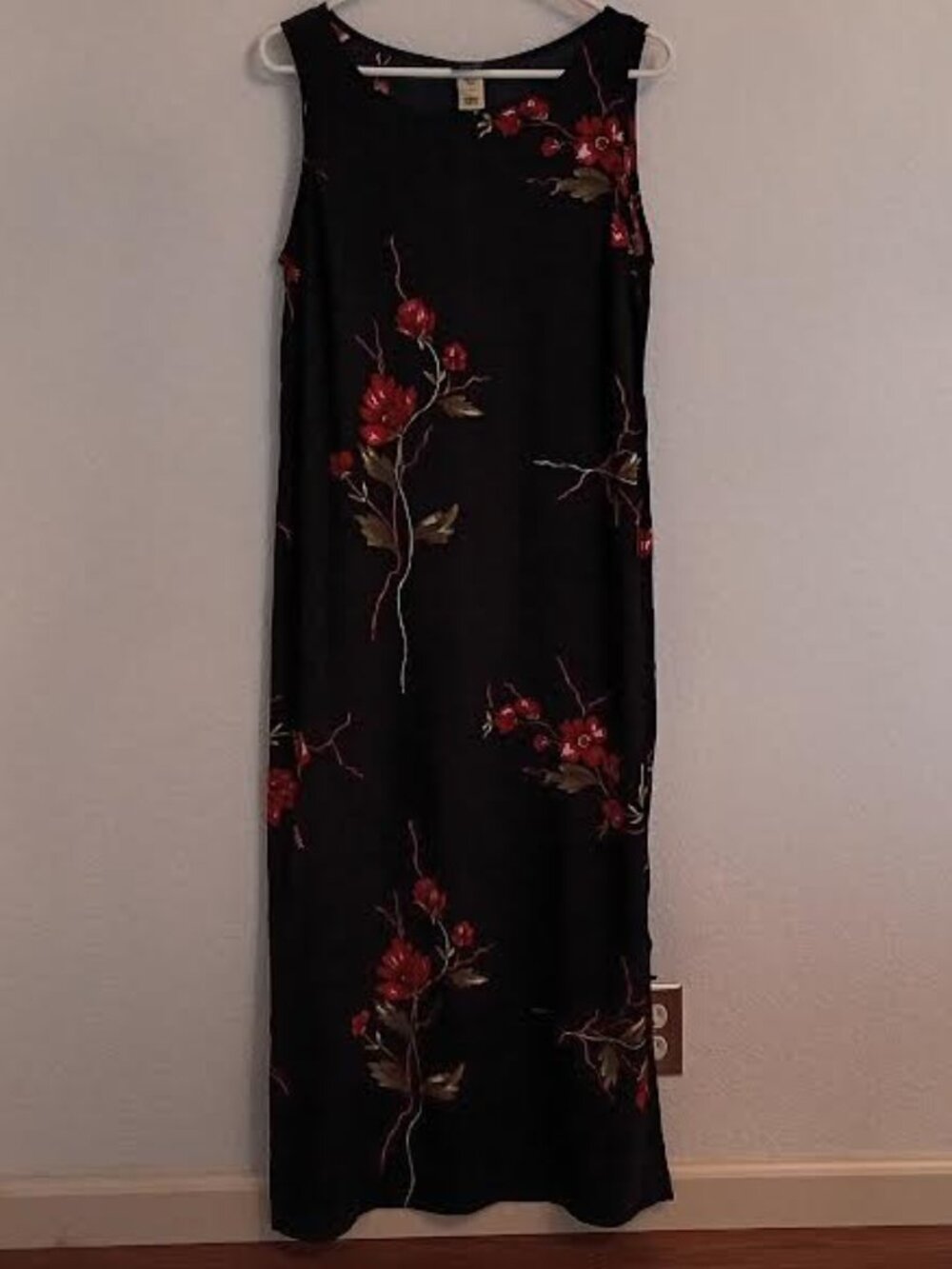 VINTAGE TEDDI WOMEN'S MAXI DRESS BLACK RED FLORAL SLEEVELESS TIE WAIST SIZE 10